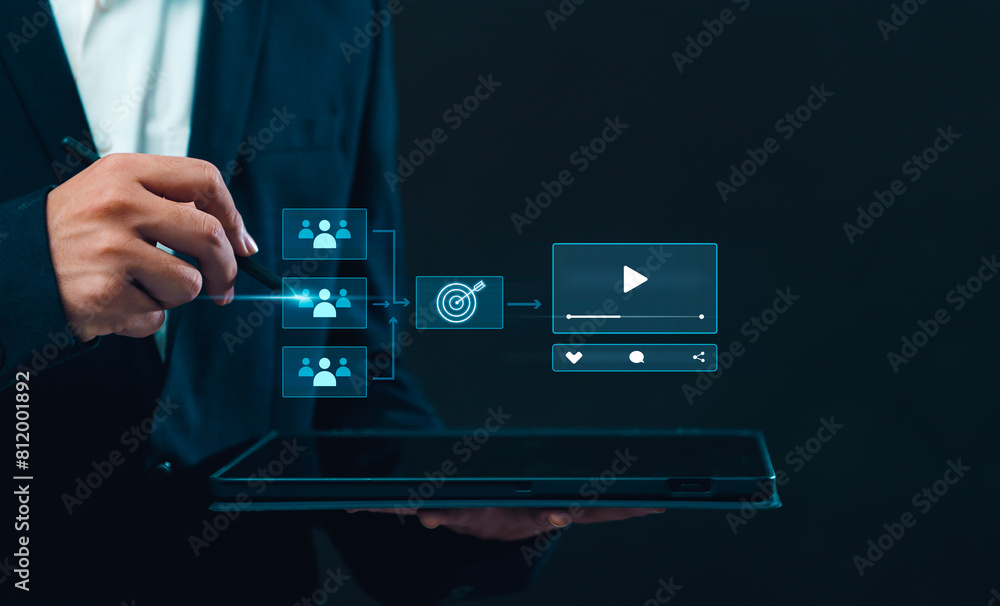 Poster video advertisement digital marketing targeting specific audience concepts, using a tablet creating 