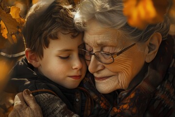 A heartwarming image of an older woman and a young boy hugging. Ideal for family, love, and bonding concepts - Powered by Adobe