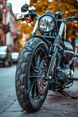 Close up of a motorcycle on a busy city street. Ideal for transportation concepts
