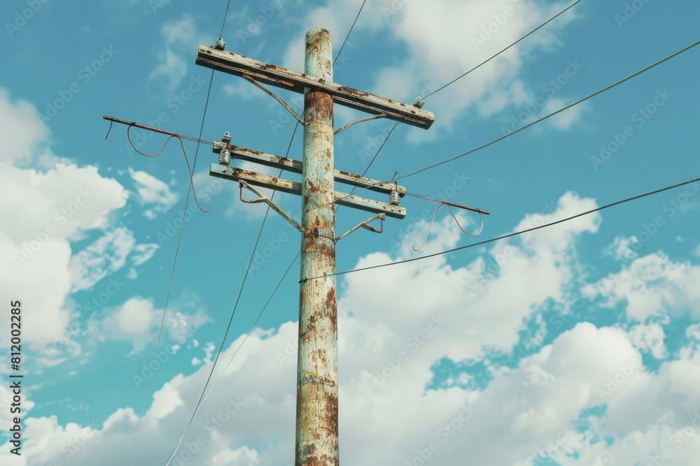 Poster rusty pole with power lines in the background. suitable for industrial and urban themes