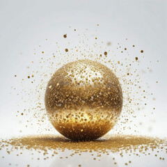 Abstract 3d render of golden sphere with confetti on white background
