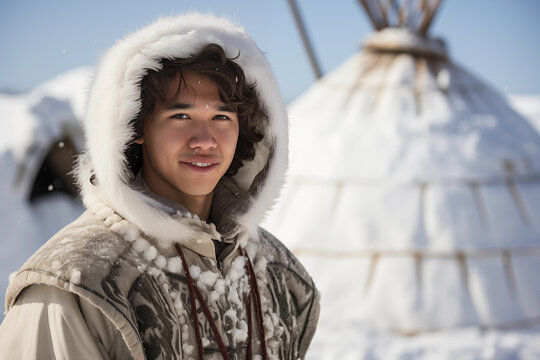 Smiling eskimo looking at camera with out of focus igloo background