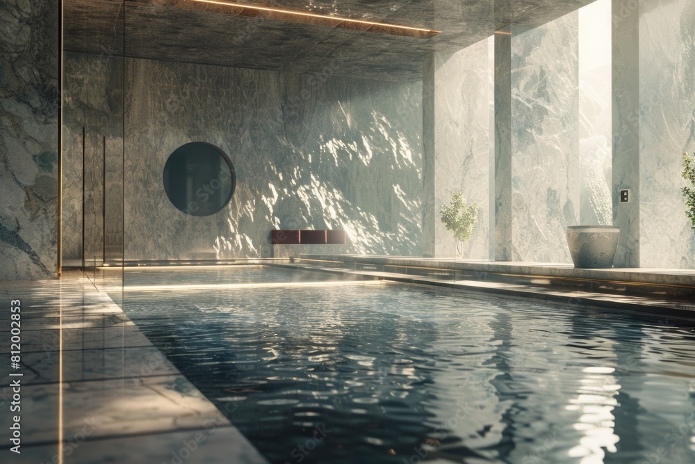 Poster modern indoor pool with unique circular window, perfect for architectural designs