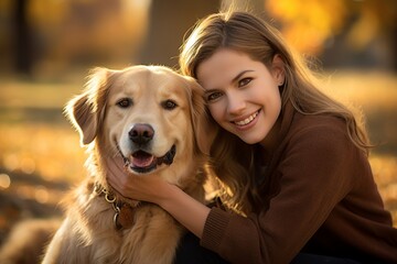 A Serene Afternoon Portrait of a Smiling Young Woman with Her Playful Golden Retriever at the Bustling Neighborhood Dog Park