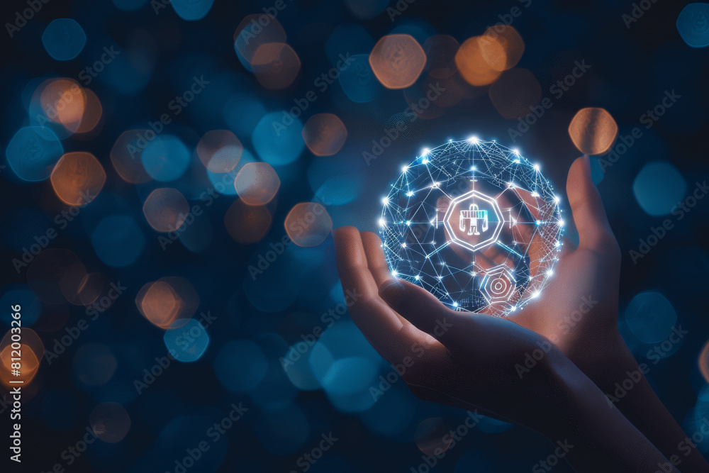 Poster a person holding a glowing sphere with a robot icon on it