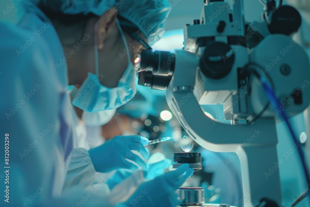 Poster female scientist examining sample under microscope, suitable for science and research concepts