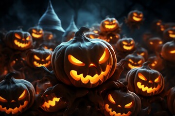 Fototapeta premium This is a picture of a lot of jack-o-lanterns with scary faces carved into them. They are lit up and glowing in the dark. The background is dark andSpooky.