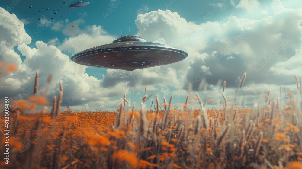 Aufkleber A futuristic alien spaceship hovering above a colorful field of flowers. Suitable for sci-fi or fantasy themed projects