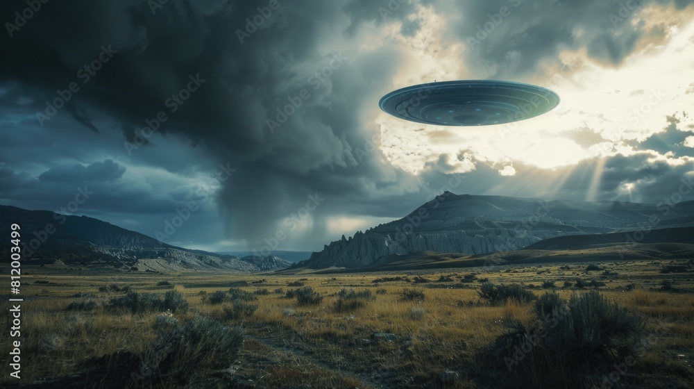 Poster A flying saucer hovering in a field with majestic mountains in the background. Ideal for science fiction or alien-themed projects