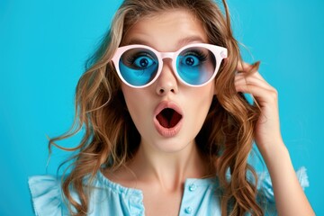 Fototapeta premium A young girl wearing sunglasses looking surprised. Suitable for lifestyle and fashion concepts