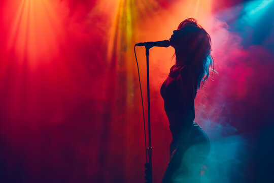 Backlit Korean female singer on stage with silhouette against a colorful background.