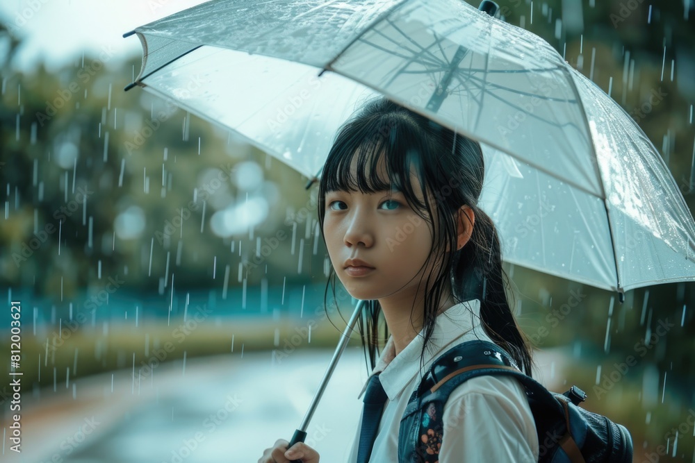 Poster a woman standing in the rain with an umbrella. suitable for weather-related concepts