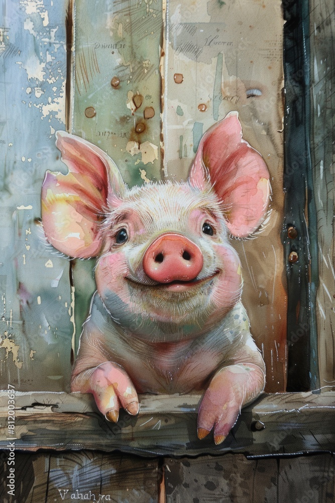 Poster a pig sticking its head out of a window. suitable for farm animal concepts