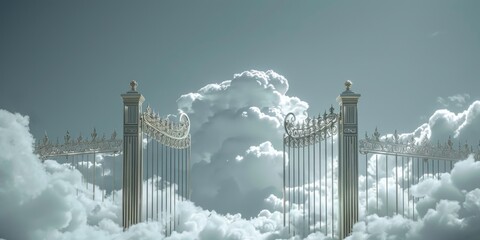 A gate floating in the sky with clouds in the background. Suitable for fantasy and dreamlike concepts