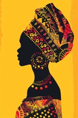 African Queen Illustration Woman with Traditional Patterns, Yellow Background - Cultural Representation, Modern Art, Fashion Industry
