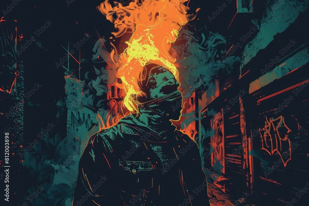 Poster a man standing in front of a blazing fire. suitable for various concepts and designs