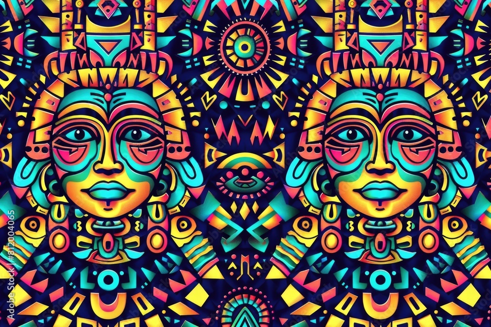 Poster Vibrant pattern of two faces on a dark backdrop. Suitable for various design projects