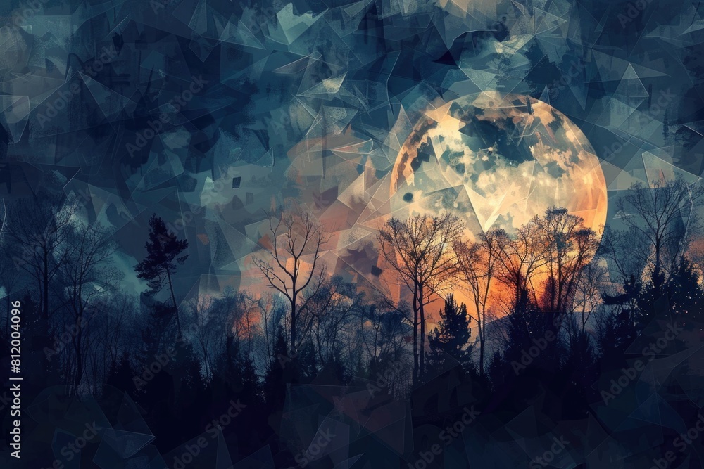 Poster a digital painting of a full moon with trees in the foreground. ideal for night scenes and nature co