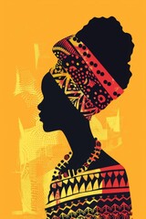 Fototapeta premium African Queen Illustration Woman with Traditional Patterns, Yellow Background - Cultural Representation, Modern Art, Fashion Industry