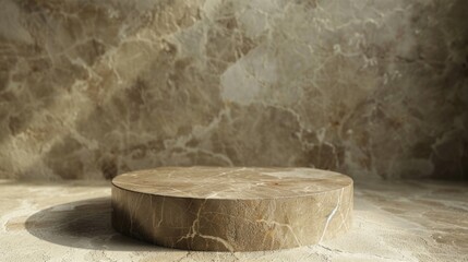 A round wooden table placed on a sleek marble floor, suitable for interior design concepts