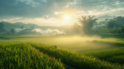 Morning mist dissipates under dramatic sunbeams, unveiling a lush tropical valley with vibrant green rice fields and dense forest.