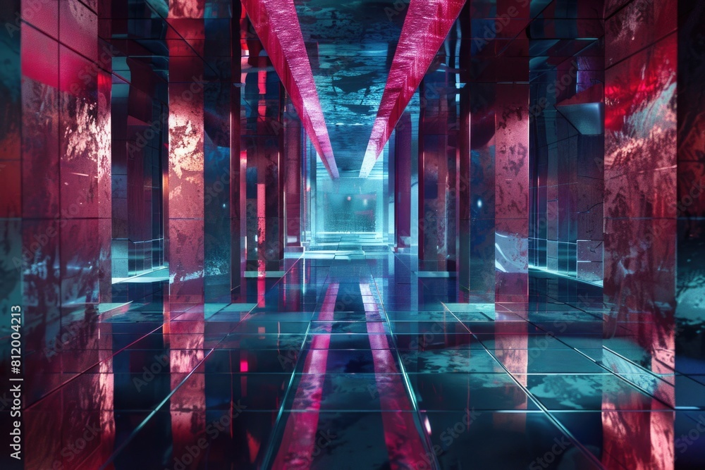 Poster a mysterious long hallway illuminated by red and blue lights. suitable for futuristic or sci-fi them