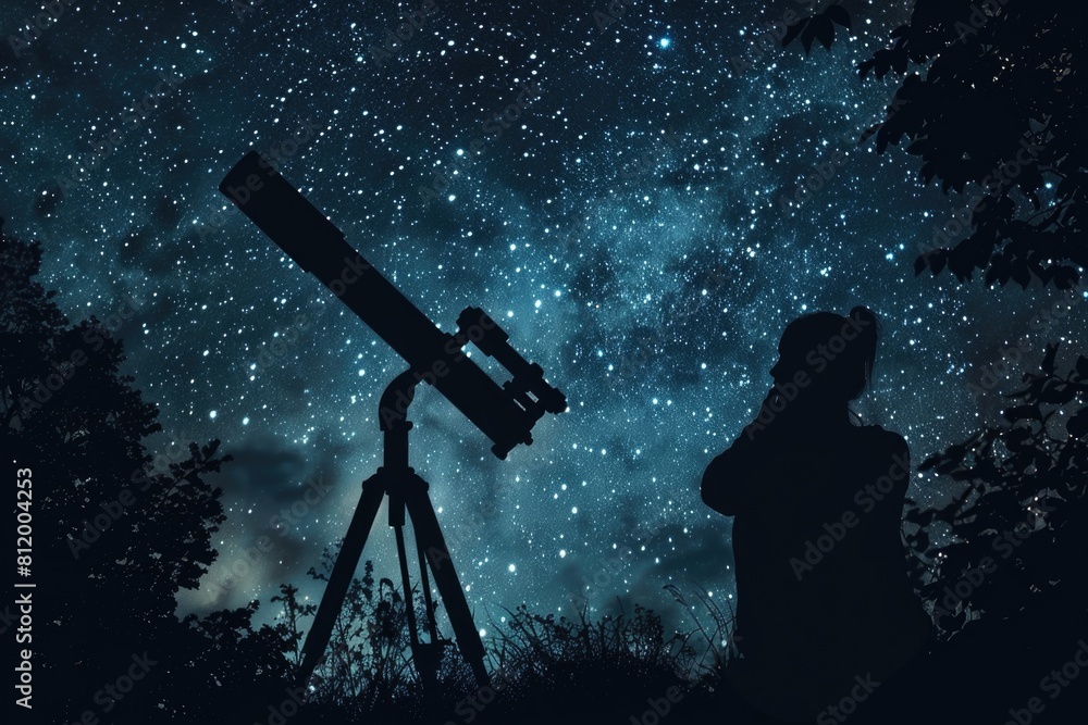 Poster a man observing stars through a telescope. suitable for astronomy enthusiasts