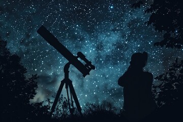 A man observing stars through a telescope. Suitable for astronomy enthusiasts