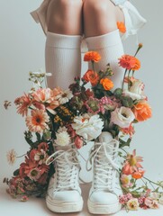 A bouquet of flowers is inserted into white socks. Feet in white sneakers of a model on a white background. Photography in fashion editorial style.