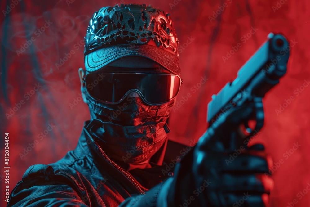 Poster a man in a helmet and goggles holding a gun. suitable for military or security concepts