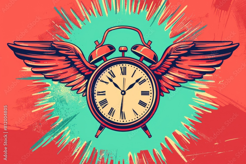 Aufkleber A unique clock with wings against a vibrant red backdrop. Ideal for time-related concepts or artistic designs