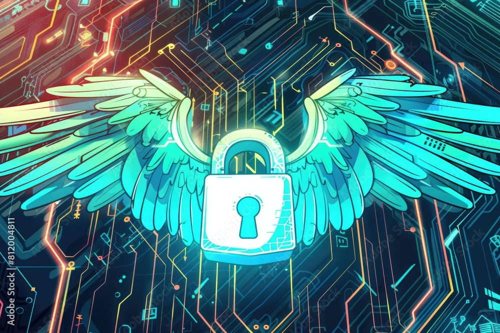 Aufkleber A unique lock with wings on a circuit board. Perfect for technology and security concepts