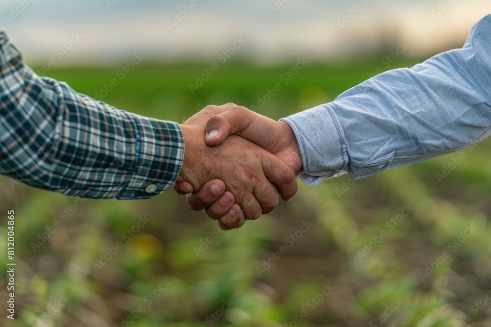 Poster a close up image of a handshake in a field, suitable for business and partnership concepts