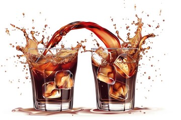 Two glasses filled with liquid and ice cubes. Great for beverage concept