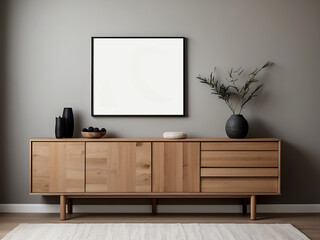 Minimalist Interior Design featuring a Modern Wooden Sideboard and Decor Accents.