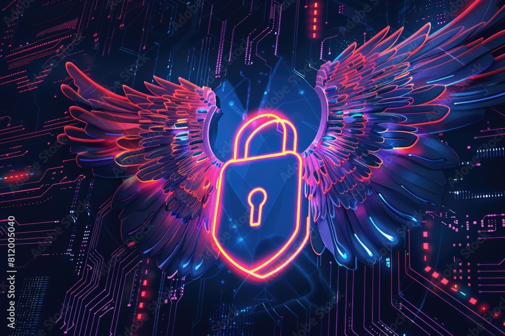 Aufkleber Heart shaped padlock with wings on a circuit board. Suitable for technology and security concepts