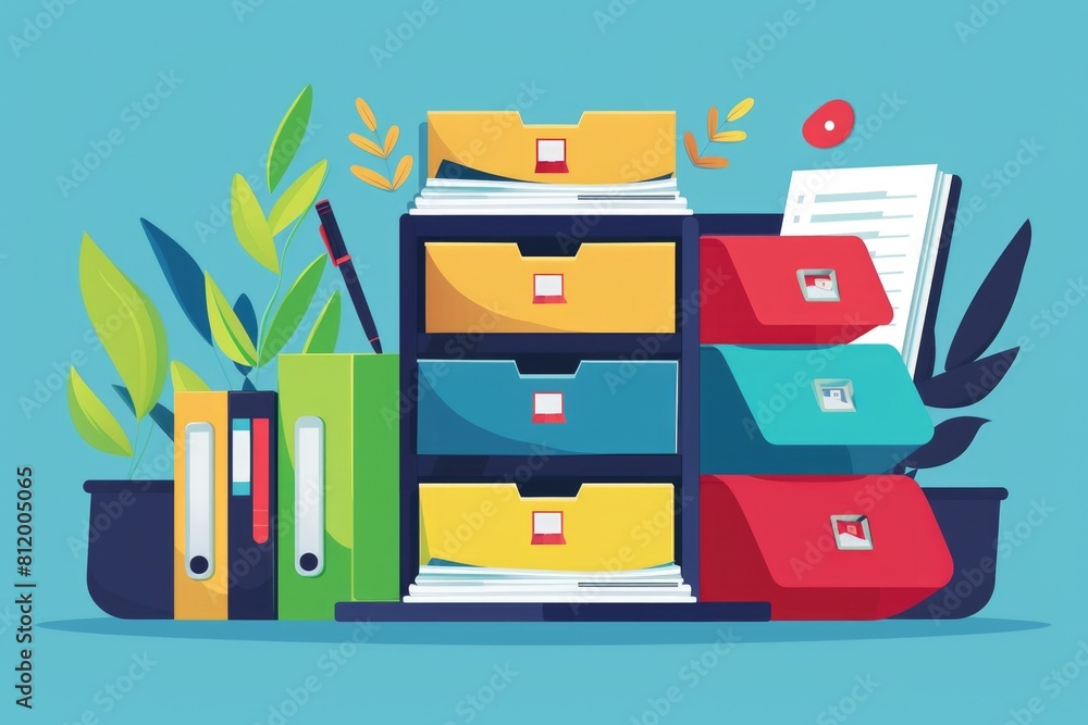 Poster a cluttered desk with files and folders, suitable for office or organization concepts