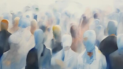 Portrays a crowd in soft pastel tones, creating an abstract, blurred effect that conveys themes of urban anonymity, social dynamics, and the blend of individuality within a mass of people