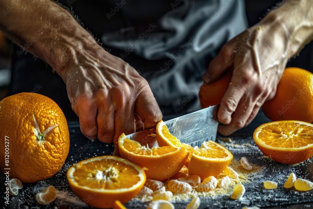 Poster a person slicing oranges on a cutting board. suitable for food and cooking concepts