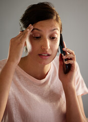 Stress, headache and woman with phone call in house frustrated by connection fail, disaster or...