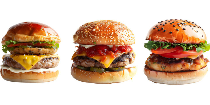 A set of 3 different types of burgers, transparent