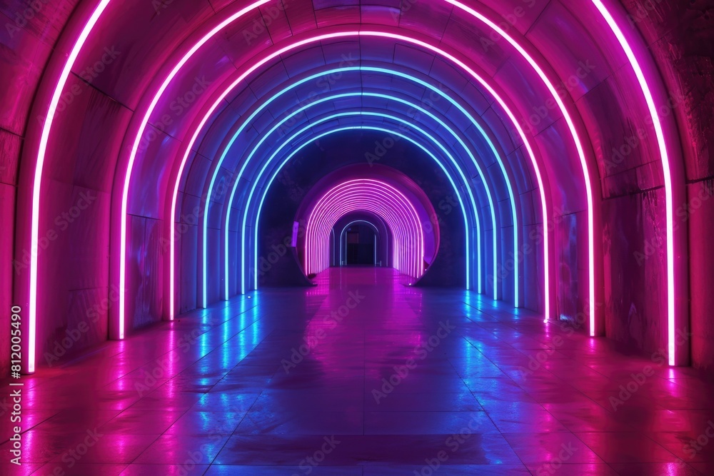 Poster a tunnel illuminated by vibrant neon lights. suitable for urban and futuristic concepts