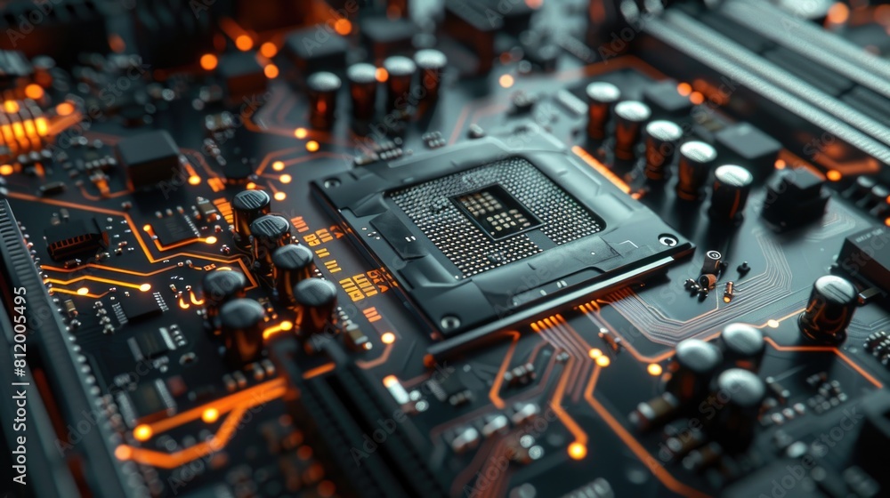Poster detailed view of a computer motherboard, suitable for technology concepts
