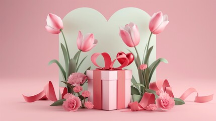 3d Celebrating Happy Mothers Day with gift box heart and flowers through greeting card