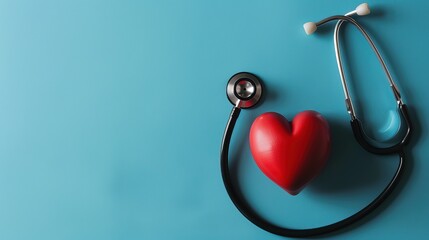Heart health, health care concept. Stethoscope near rubber heart on blue background, Generative Ai 