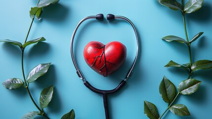 Heart health, health care concept. Stethoscope near rubber heart on blue background, Generative Ai 
