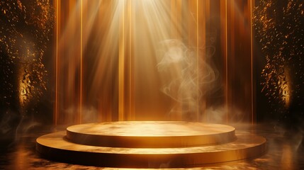 Mystical Golden Podium with Forest Smoke for Enchanting Product Display