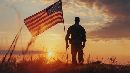 Soldier and USA flag on sunrise background .Concept National holidays , Flag Day, Veterans Day, Memorial Day, Independence Day, Patriot Day.