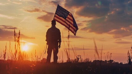 Soldier and USA flag on sunrise background .Concept National holidays , Flag Day, Veterans Day, Memorial Day, Independence Day, Patriot Day.