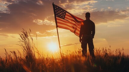 Soldier and USA flag on sunrise background .Concept National holidays , Flag Day, Veterans Day, Memorial Day, Independence Day, Patriot Day.